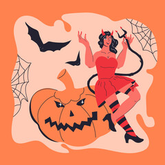 Halloween card or poster template with sexy devil girl in red Halloween festive costume sitting on pumpkin. Demon woman for Halloween holiday party invitations, flat vector illustration isolated.