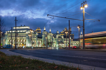 Belorusskaya railway station in Moscow city, Russia at night.