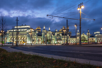 Belorusskaya railway station in Moscow city, Russia at night.