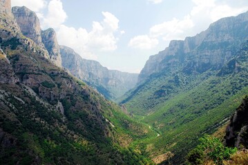 Panoramic view of Tymfi Mountain and Vikos gorge from Vikos village. Zagoria area, Epirus region, northwestern Greece.