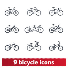 Bicycle icons set. Vector collection of different detailed bike pictograms. Bmx, tandem, e-bike, city, mountain bike etc. Isolated clipart collection on white background.