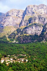 Panoramic view of Tymfi Mountain and Mikro Papigko village, one of the 45 villages known as Zagoria or Zagorochoria in Epirus region of southwestern Greece.