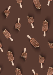 vanilla and chocolate ice cream popsicle on a brown background, Seamless pattern