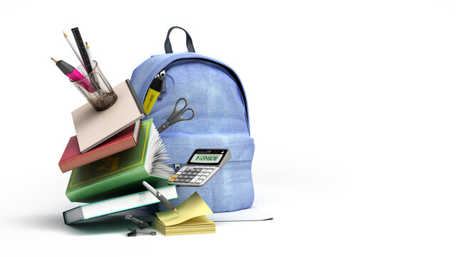 online learning concept Blue backpack with school supplies 3d render on white