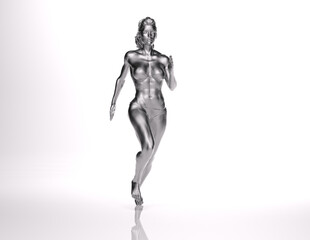 Fototapeta na wymiar 3D Rendering : a running female character withsilver skin texture with white background