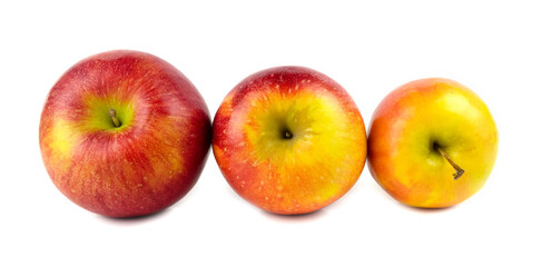 A set of yellow and red apples. Composition of three apples isolated on a white background. Template. Fruits.