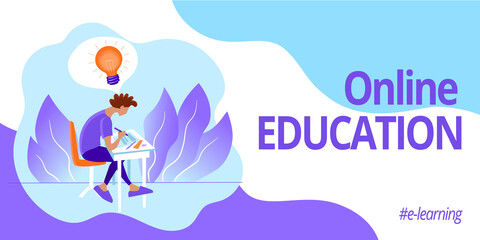 Banner for web page template. Online education and e-learning. Student is studying sitting at the table. A light bulb above head as a symbol of idea and insight. Stock vector flat illustration.