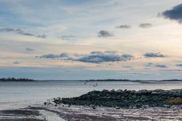 Beautiful golden hour light by the Long Island Sound at Calf Pasture Beach in Norwalk, Connecticut USA