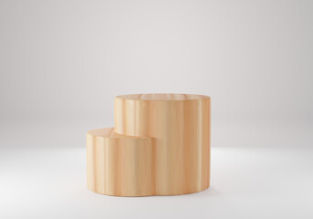 Wood cylinder shape background in the white studio room, minimalist mockup for podium display or showcase, 3d rendering.