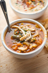 soup. Lentil and Split Pea Soup. Classic American Restaurant or Diner favorite. Homemade soup with chicken broth, noodles celery carrots seasoned with salt and pepper and garnished parsely.