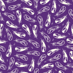 Obraz premium Vector seamless pattern with feathers on a dark background. Cute print. Suitable for clothing, textiles, web, wrapping paper.