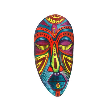African Shaman Tribal Style Mask - watercolor illustration. Isolated element on white background.
