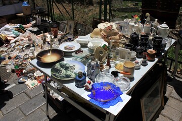 Greece, Athens, June 28 2020 - Souvenirs and vintage items for sale at street market in Monastiraki district.
