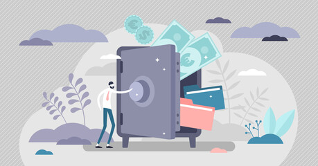 Bank safe with secured money and valuables in security tiny persons concept - obrazy, fototapety, plakaty