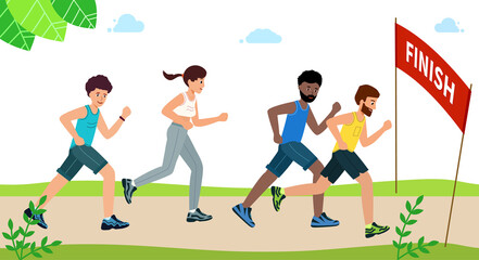 Happy people run a marathon and reach the finish line. The man runs ahead. Healthy Lifestyle. Vector poster in modern flat style on white background.