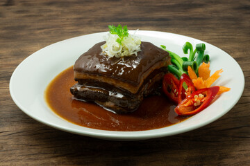 Belly in Brown Sauce ontop onion bunching cutlet slice Taiwanese Asian food