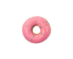 Donut in pink glaze with colored sprinkles on a white background, isolate