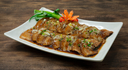 Chashu Pork Belly boiled in  Soy Sauce sprinkle sesame and Leek onion bunching Japanese Food