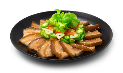 Korean Bossam Boiled Pork Served Kimchi, Chili and Garlic sprinkle white sesame