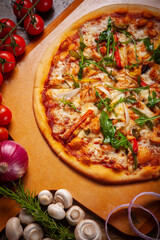 pizza on a wooden table