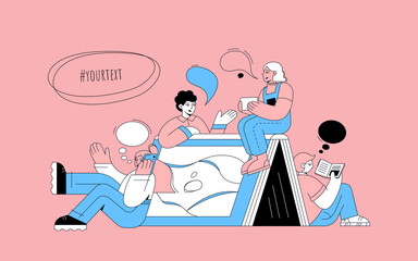 Happy young people are sitting next to a book, talking and reading. Diverse characters in flat cartoon style have fun, meeting and dialogue concept. Illustration for web.