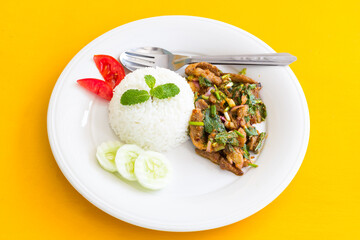  spicy chicken salad  and rice on table yellow