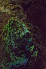 Cave in an extinct volcano on the island of Terceira Gruta do Algar do Carvao. Azores, Portugal