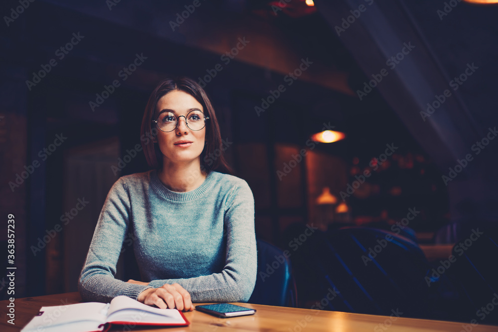 Aufkleber thoughtful student in optical spectacles dreaming about creating startup project using notebook and 