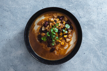 plant-based food, vegan mash potato and gravy with beans and veggie sausage