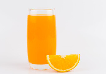 Orange juice and slices of orange on white background