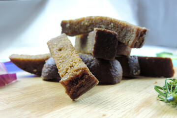   Garlik bread snack for beer, dried bread with garlic , beer snack  , selective focus, selective blurry  