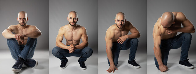 bald head young turkish man transformation of posing in studio from sit on floor to crouch while...