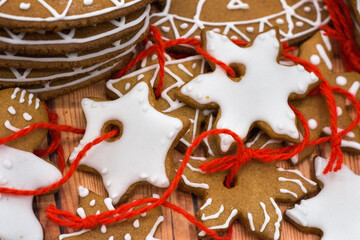 Christmas gingerbread cookies,  Baked traditional  star cookies - 363859432