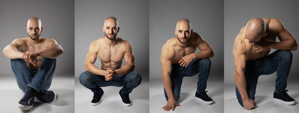 bald head young turkish man transformation of posing in studio from sit on floor to crouch while showing his topless body with visable sixpack and muscles on arms and chest