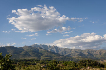 Views from Candeleda of the clouds in the sky over the Sierra de Gredos in Avila, Castilla Leon, Spain, Europe. Natural landscape.