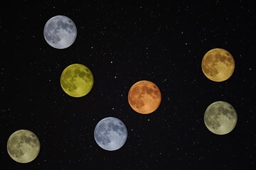 Fototapeta na wymiar full moon multiple multicolored on black sky with stars composite