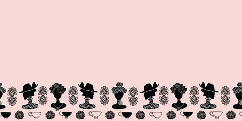 Vector Art Deco tea party pink, black and white decorative seamless border pattern.