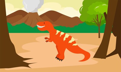 The landscape of ancient animals and prehistoric nature - volcano, lava, smoky, green grass, rock cliffs, rivers, barren lands. prehistoric illustration / prehistoric forest © Griyolabs