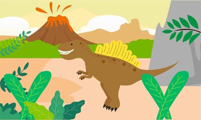 The landscape of ancient animals and prehistoric nature - volcano, lava, smoky, green grass, rock cliffs, rivers, barren lands. prehistoric illustration / prehistoric forest © Griyolabs