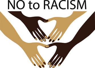 
Hands of different colors folded in the shape of a heart. The inscription NO to RACISM. The concept of unity and unity of rights of peoples and races.