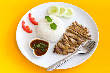 Grill pork with rice and spicy sauce