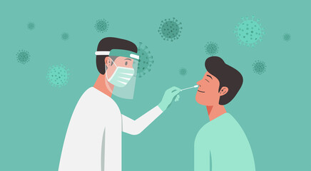 medical professional or doctor doing Covid-19 or Coronavirus test or DNA test to a young man with nasal swab probe © ST.art