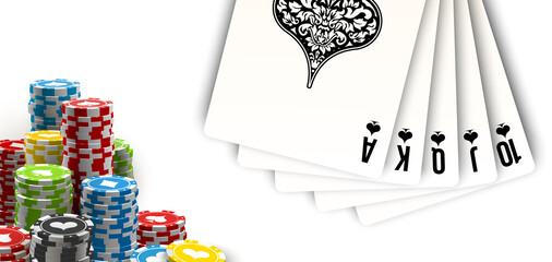 Stack of colored casino chips with playing cards isolated on a white background. Big win jackpot poker in Online web casino illustration. Realistic luxury fortune banner with playing cards games bet