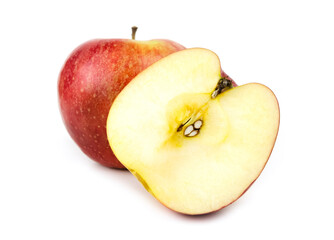A set of one whole apple and half. Composition of two apples isolated on a white background. Template. Fruits Cut 