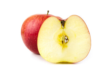 A set of one whole apple and half. Composition of two apples isolated on a white background. Template. Fruits Cut 