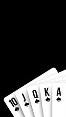 banner 3d realistic playing cards isolated on black background with empty place for text. blank poster template with design card royal flush poker hand