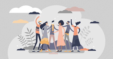 Friends togetherness in social community group scene tiny persons concept