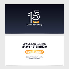 15 years anniversary invitation card vector illustration. Double sided modern graphic design templatee