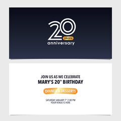 20 years anniversary invitation card vector illustration. Double sided modern graphic design template