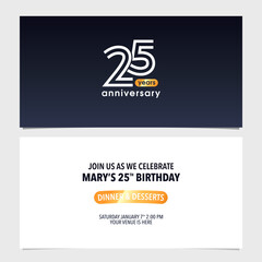 25 years anniversary invitation card vector illustration. Double sided modern graphic design template